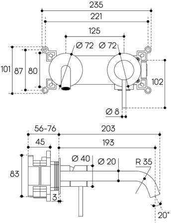 Смеситель для раковины Aqueduto CANO CAN0445 настенного монтажа со скрытой частью, оружейная сталь