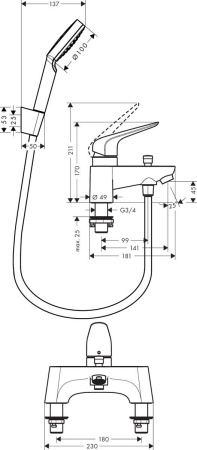 Смеситель для ванны hansgrohe Novus с душевым гарнитуром 71044000, хром