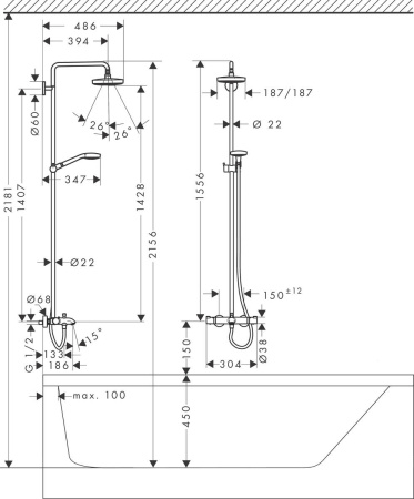 Душевая система hansgrohe Croma Select E 180 2jet с термостатом для ванны 27352400, белый/хром