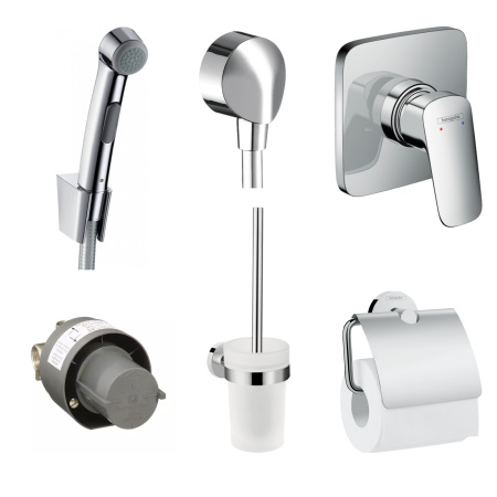 Готовый набор для гигиенического душа скрытого монтажа hansgrohe Logis с ершиком и держателем туалетной бумаги HG-PR13, хром