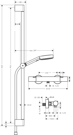 Душевой набор hansgrohe Pulsify Select S 105 3jet Relaxation EcoSmart с термостатом Ecostat Fine и душевой штангой 90 см, 24261000, хром