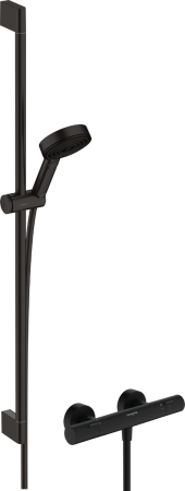Душевой набор hansgrohe Pulsify Select S 105 3jet Relaxation EcoSmart с термостатом Ecostat Fine и душевой штангой 90 см, 24261670, матовый черный