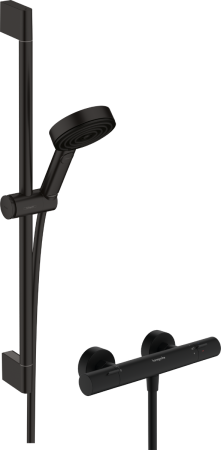 Душевой набор hansgrohe Pulsify Select S 105 3jet Relaxation EcoSmart с термостатом Ecostat Fine и душевой штангой 65 см, 24262670, матовый черный