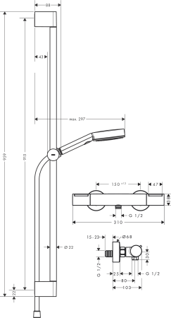 Душевой набор hansgrohe Pulsify Select S 105 3jet Relaxation EcoSmart с термостатом Ecostat Element и душевой штангой 90 см, 24271000, хром