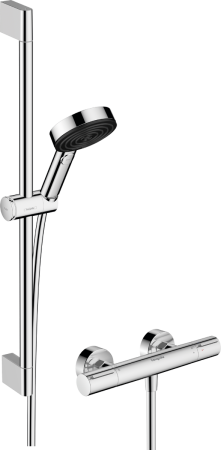 Душевой набор hansgrohe Pulsify Select S 105 3jet Relaxation EcoSmart с термостатом Ecostat Element и душевой штангой 65 см, 24272000, хром