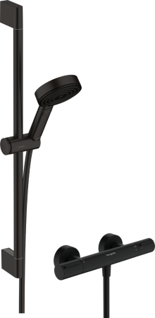Душевой набор hansgrohe Pulsify Select S 105 3jet Relaxation EcoSmart с термостатом Ecostat Element и душевой штангой 65 см, 24272670, матовый черный