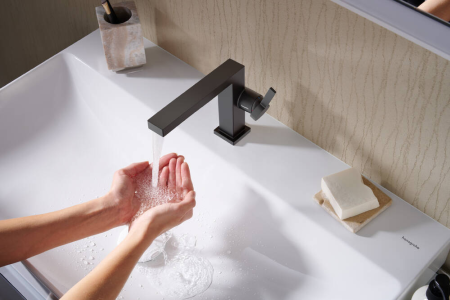 Смеситель для раковины hansgrohe Tecturis E 110 Fine CoolStart, EcoSmart+, с донным клапаном Push-Open, 73020670, матовый черный