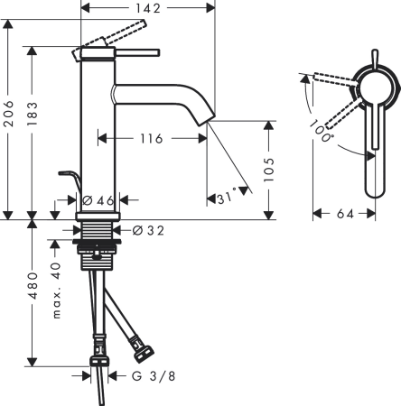 Cмеситель для раковины hansgrohe Tecturis S 110 CoolStart, EcoSmart+, с донным клапаном, 73314700, матовый белый