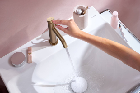 Cмеситель для раковины hansgrohe Tecturis S 110 CoolStart, EcoSmart+, с донным клапаном, 73314140, шлифованная бронза