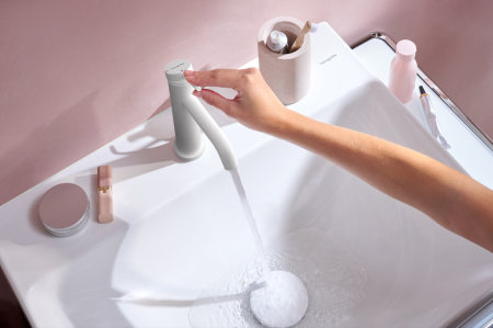 Cмеситель для раковины hansgrohe Tecturis S 110 CoolStart, EcoSmart+, с донным клапаном, 73314700, матовый белый