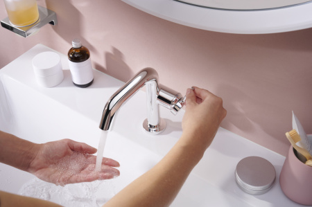 Смеситель для раковины hansgrohe Tecturis S 110 Fine CoolStart, EcoSmart+, с донным клапаном Push-Open, 73320000, хром