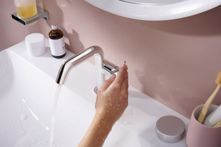 Смеситель для раковины hansgrohe Tecturis S 110 Fine CoolStart, EcoSmart+, с донным клапаном Push-Open, 73320000, хром