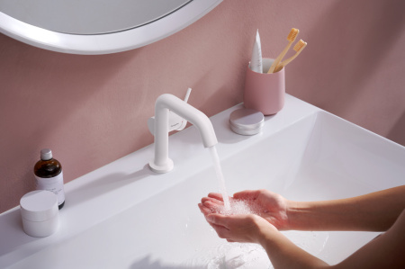Смеситель для раковины hansgrohe Tecturis S 110 Fine CoolStart, EcoSmart+, с донным клапаном Push-Open, 73320700, матовый белый