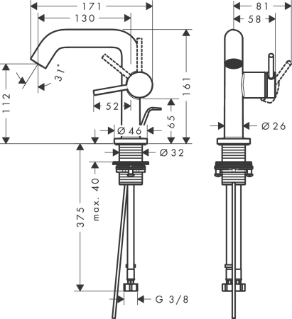 Смеситель для раковины hansgrohe Tecturis S 110 Fine CoolStart, EcoSmart+, с донным клапаном, 73323670, матовый черный