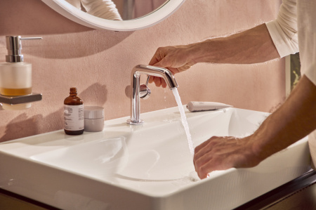 Смеситель для раковины hansgrohe Tecturis S 110 Fine CoolStart, EcoSmart+, с донным клапаном, 73323000, хром