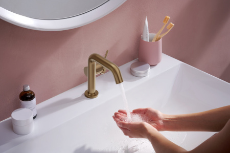 Смеситель для раковины hansgrohe Tecturis S 110 Fine CoolStart, EcoSmart+, с донным клапаном, 73323140, шлифованная бронза