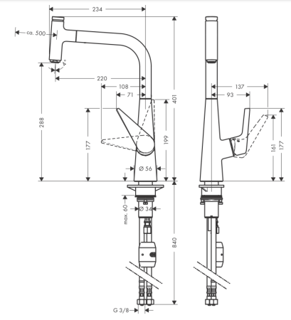 Смеситель для кухонной мойки hansgrohe Talis Select M51 300, с вытяжным изливом 1jet, Eco 72826800, под сталь