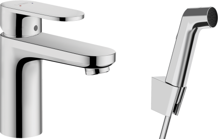 Смеситель для раковины hansgrohe Vernis Blend 100 без сливного гарнитура, с гигиеническим душем 71215000, хром