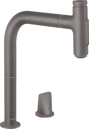 Смеситель для кухонной мойки hansgrohe Metris Select M71 200, на 2 отверстия, с вытяжным душем 2jet, sBox 73818340, шлифованный черный хром