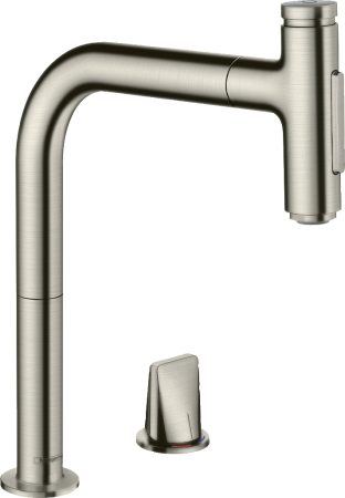 Смеситель для кухонной мойки hansgrohe Metris Select M71 200, на 2 отверстия, с вытяжным душем 2jet, sBox 73818800, под сталь