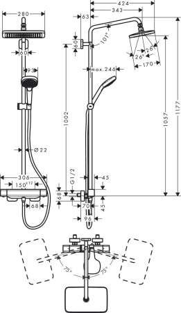 Душевая система hansgrohe Croma E 280 1jet EcoSmart с термостатом 27660000, хром