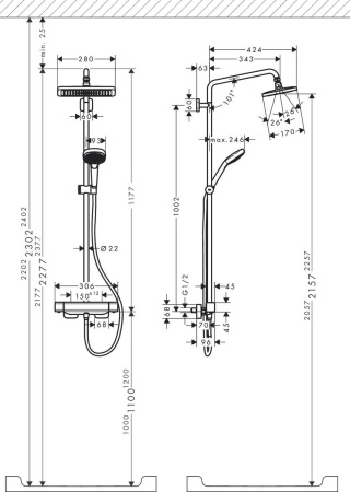 Душевая система hansgrohe Croma E 280 1jet EcoSmart с термостатом 27660000, хром