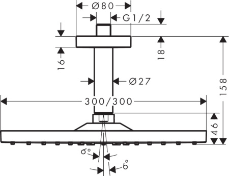 Верхний душ hansgrohe Raindance E 300 1jet EcoSmart с потолочным кронштейном 26251000, хром