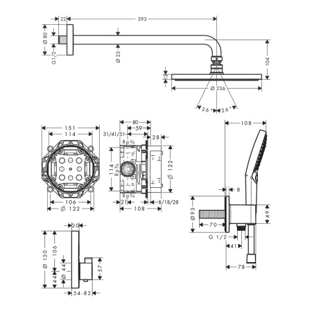 Душевая система hansgrohe Raindance S 240 1jet PowderRain скрытого монтажа с термостатом ShowerSelect S 27951000, хром