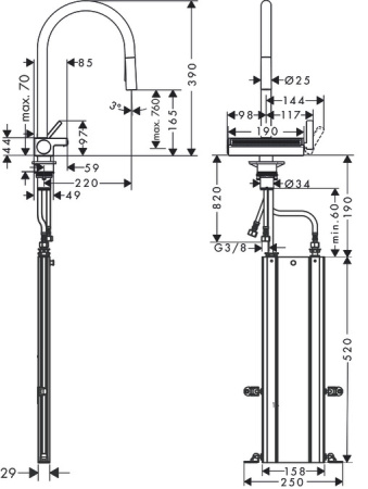 Смеситель для кухонной мойки hansgrohe Aquno Select M81 170, с вытяжным душем 3jet, sBox 73831000, хром