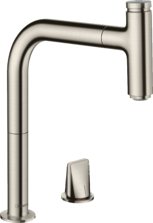 Смеситель для кухонной мойки hansgrohe Metris Select M71 200, на 2 отверстия, с вытяжным изливом, sBox 73804800, под сталь