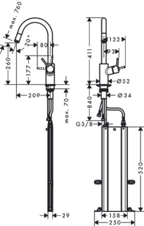 Смеситель для кухонной мойки hansgrohe Talis M52 260, с вытяжным изливом 1jet, sBox 73864000, хром