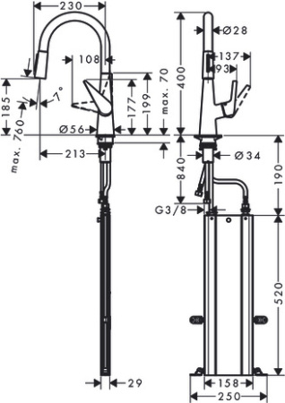 Смеситель для кухонной мойки hansgrohe Talis M51 200, с вытяжным душем 2jet 73851000, хром