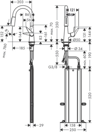 Смеситель для кухонной мойки hansgrohe Talis M51 160, с вытяжным душем 2jet 73850800, под сталь
