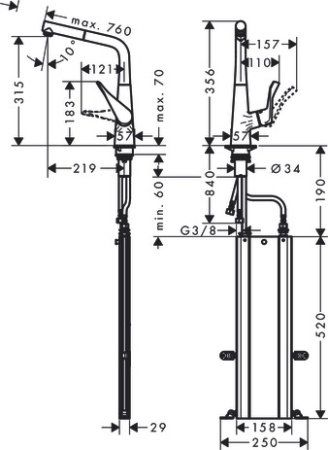 Смеситель для кухонной мойки hansgrohe Metris M71 320, с вытяжным изливом, sBox 73812800, под сталь