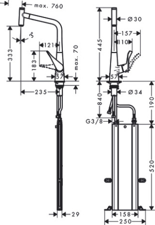 Смеситель для кухонной мойки hansgrohe Metris Select M71 320, с вытяжным изливом, sBox 73803800, под сталь