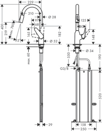 Смеситель для кухонной мойки hansgrohe Focus M42 220, с вытяжным душем 2jet, sBox 71820000, хром