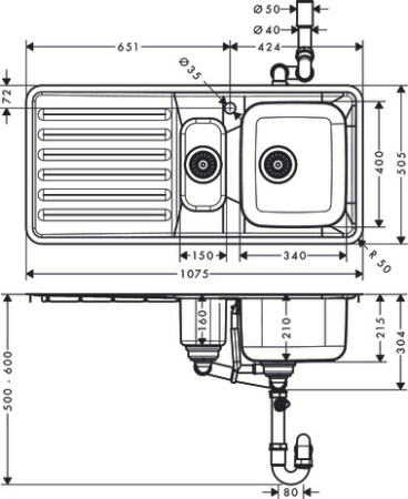 Кухонная мойка hansgrohe S41 S4111-F540 врезная с крылом и двумя чашами 150/340 43342800, нержавеющая сталь