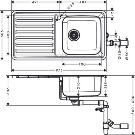 Кухонная мойка hansgrohe S41 S4111-F400 врезная с крылом 43341800, нержавеющая сталь