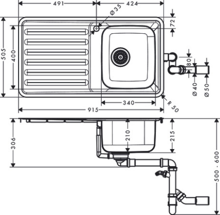 Кухонная мойка hansgrohe S41 S4111-F340 врезная с крылом 43340800, нержавеющая сталь