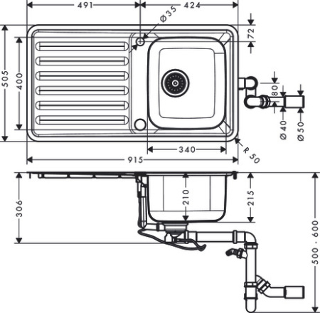 Кухонная мойка hansgrohe S41 S4113-F340 врезная с левым крылом 43337800, нержавеющая сталь