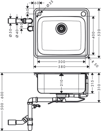 Кухонная мойка hansgrohe S41 S412-F500 врезная 43336800, нержавеющая сталь