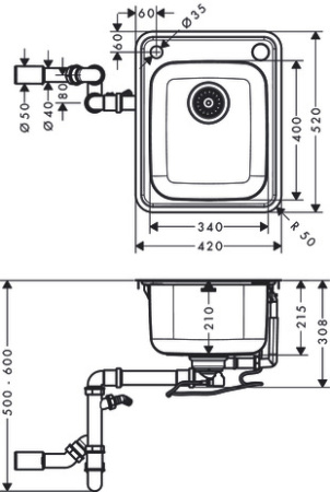 Кухонная мойка hansgrohe S41 S412-F340 врезная 43334800, нержавеющая сталь