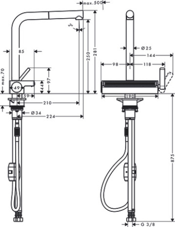 Смеситель для кухонной мойки hansgrohe Aquno Select M81 250, с вытяжным душем 2jet 73836800, под сталь