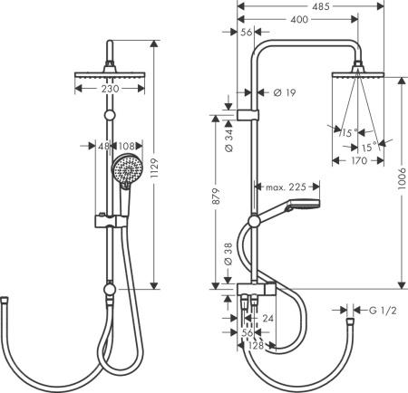 Душевая система hansgrohe Vernis Shape 230 1jet EcoSmart Reno с переключателем потоков 26289670, матовый черный