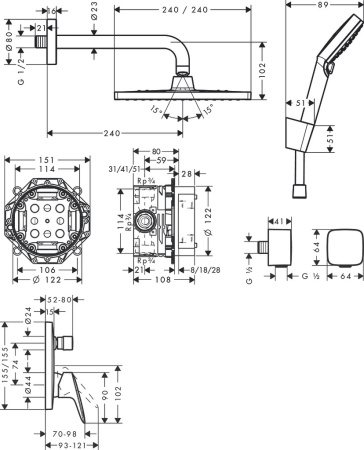Душевая система hansgrohe Crometta E 240 1jet скрытого монтажа со смесителем 27957000, хром