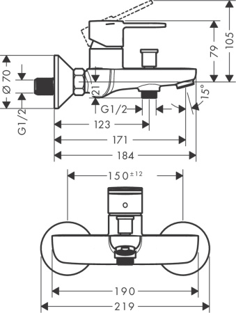Смеситель для ванны hansgrohe Vernis Shape внешнего монтажа 71470000, хром