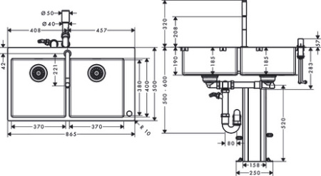 Кухонная комбинация hansgrohe C71-F765-10 врезная, с двумя чашами 370/370 43203800, под сталь