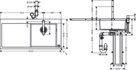 Кухонная комбинация hansgrohe C71-F450-07 врезная с левым крылом 43205800, под сталь