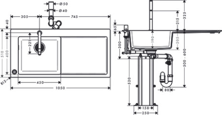 Кухонная комбинация hansgrohe C51-F450-12 врезная с правым крылом 43228000, черный графит