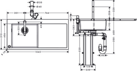 Кухонная комбинация hansgrohe C71-F450-12 врезная с правым крылом 43230000, хром